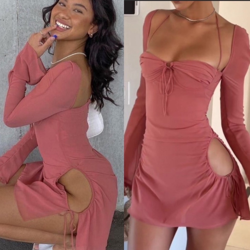 HOUSE OF CB 'Baby 'Pink Chiffon Cutout Halter‎ Mini Dress/Size L